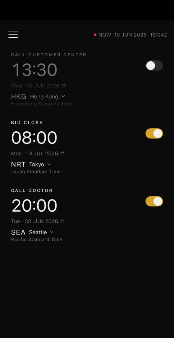 TimeConv alarms set in different time zones — Hong Kong, Tokyo, and Seattle