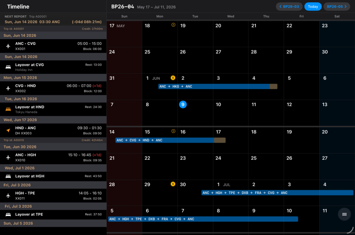 TripDataHub on iPad: timeline beside a bid-period month calendar with multi-day trips spanning the days