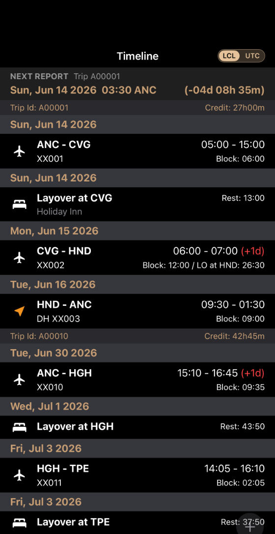 TripDataHub timeline showing a crew trip with flights, layovers, rest, and report countdown